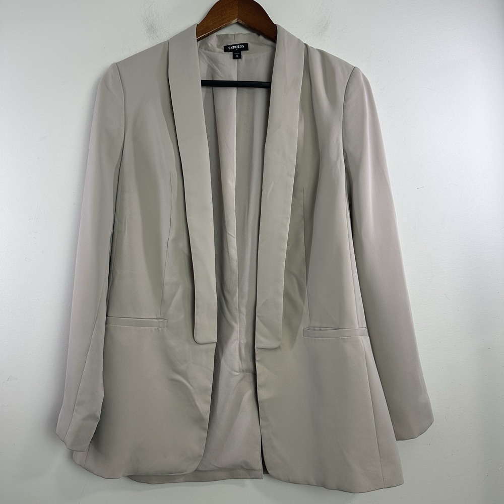 Express Womens Beige Open Front Blazer Long‎ Sleeve Pockets Size M Preppy Office